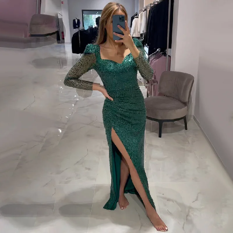 Evening dress with trumpet silhouette-Serene Hill Green Mermaid Luxury Evening Dresses Gowns 2024 Beaded Elegant High Split For Women Party LA71664