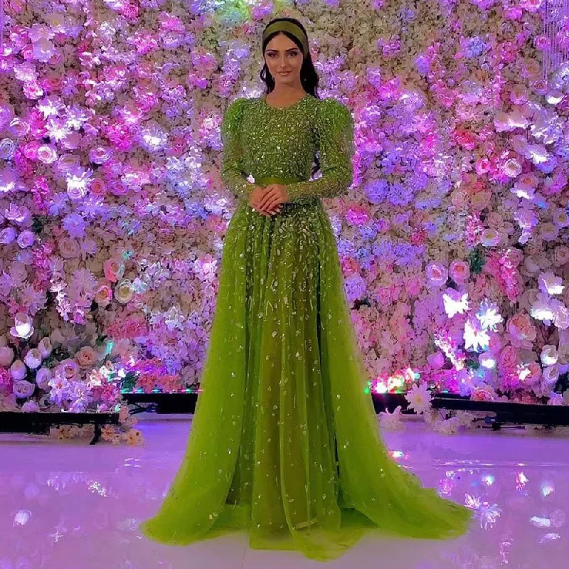 Gold evening dress-Serene Hill Green Mermaid O Neck Elegant With Skirt Long Sleeves Luxury Beaded Party Dresses Formal Women Evening 2023 LA71762