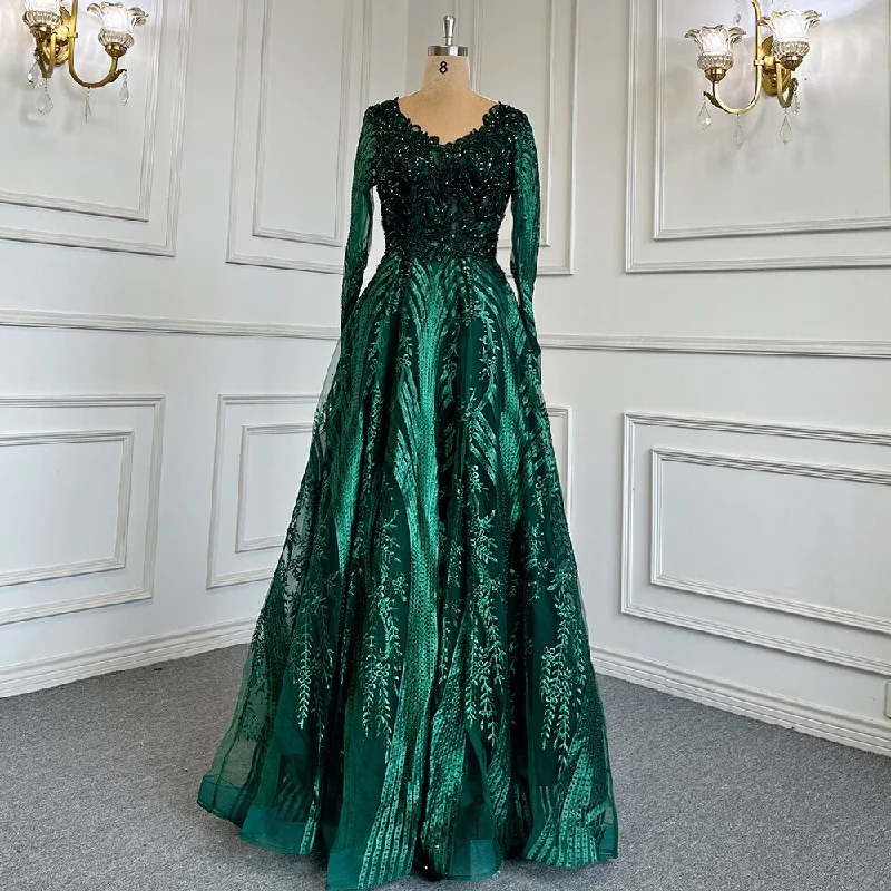 Off-white evening dress-Serene Hill Green Muslim A-Line Sweetheart Evening Dresses Long Arm Gowns Luxury Beaded 2024 For Women Party LA71704