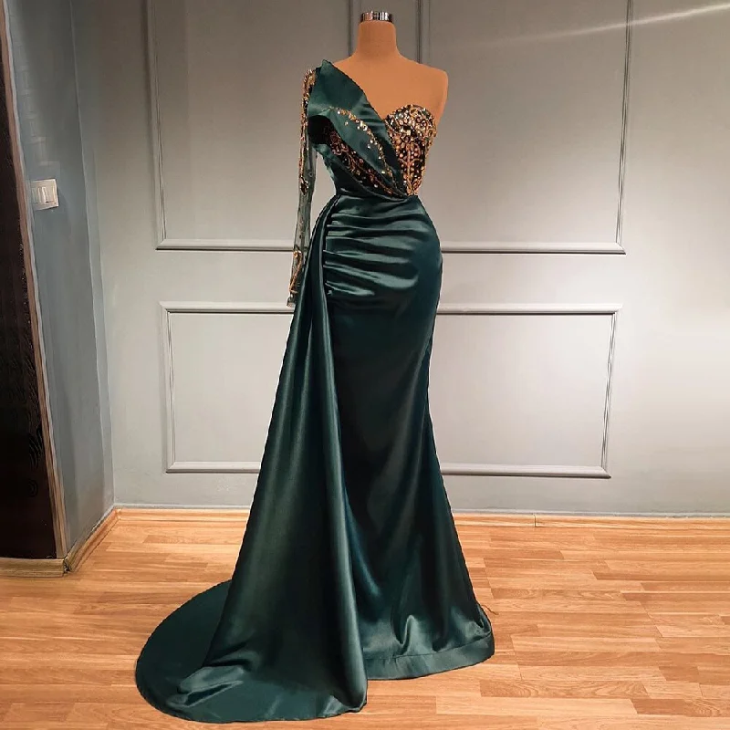 Red evening dress-Serene Hill Green One Shoulder Satin Evening Dresses Gowns 2024 Beaded Mermaid Elegant Luxury For Women Party LA71541