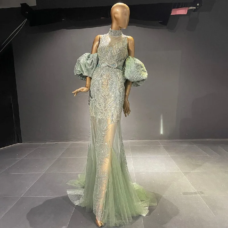 White evening dress-Serene Hill Green Puff Sleeve Evening Dresses Gowns 2024 Beaded Mermaid Luxury Elegant For Women Party LA71537