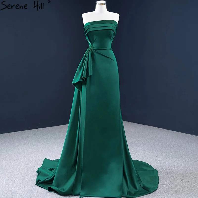 Blue evening dress-Serene Hill Green Satin A-Line Evening Gowns 2024 Beading Sleeveless Sexy Formal Dress Design HM67203