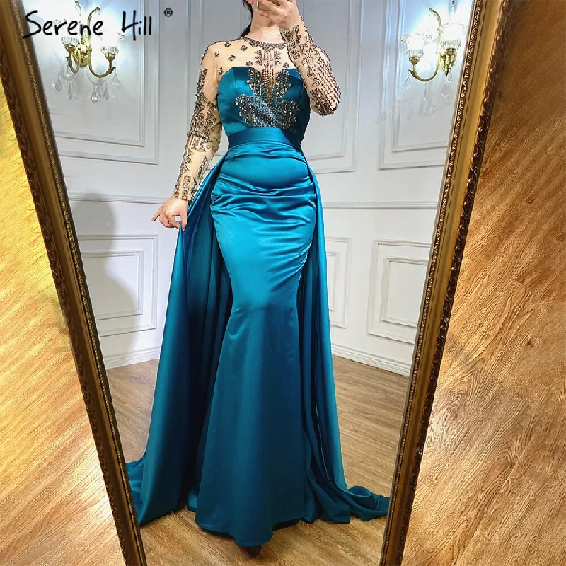 Champagne evening dress-Serene Hill Green Satin Evening Dresses Gowns 2024 A-Line Beaded Sexy For Woman Wedding Party LA71067