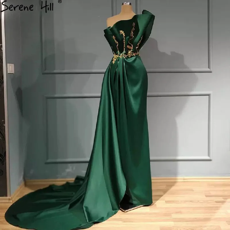 Evening dress for cocktail-Serene Hill Green Satin Sexy Evening Dresses Gowns 2024 Mermaid One Shoulder Beading For Women Party LA70850