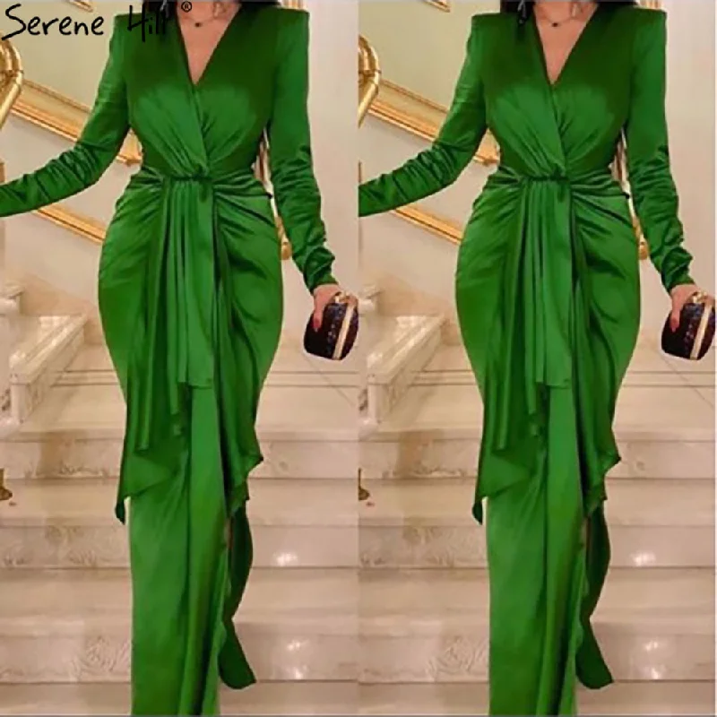 Evening dress for prom-Serene Hill Green Satin Simple Evening Dresses Gowns 2024 Mermaid Elegant For Women Wedding Party LA71275