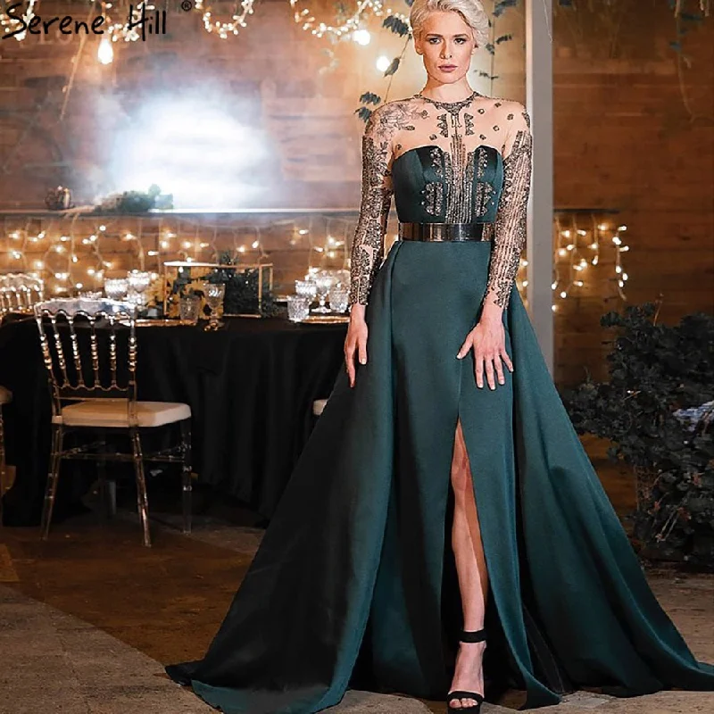 Evening dress with A-line-Serene Hill Green Satin Split Evening Dresses Gowns 2024 A-Line Beaded Sexy For Woman Wedding Party LA71067