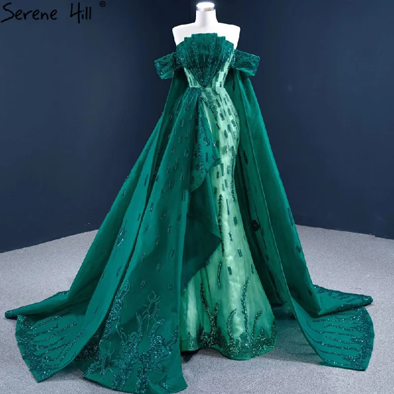 Evening dress with beaded bodice-Serene Hill Green With Train Mermaid Evening Dresses Gowns 2024 Satin Elegant Luxury Sexy For Women Party HM67231