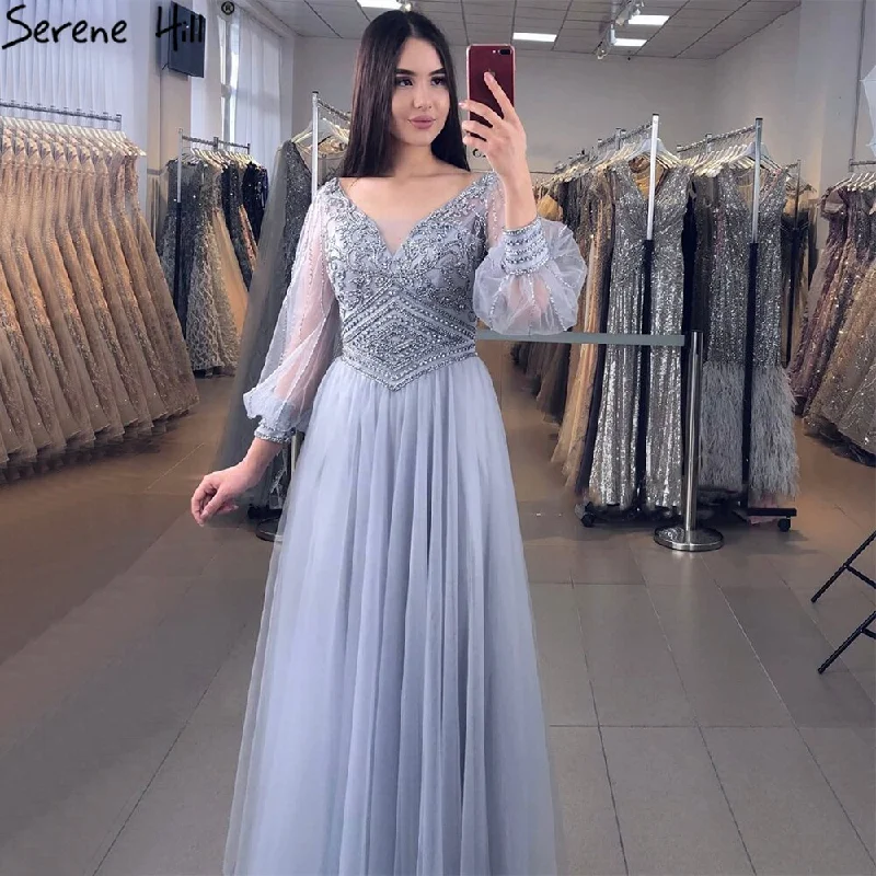 Evening dress with chiffon-Serene Hill Grey A-Line Beaded Evening Dresses Gowns 2024 Long Lantern Sleeves Luxury For Women Party LA70964