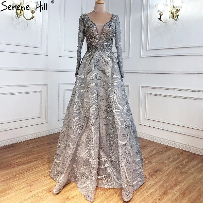 Evening dress with full skirt-Serene Hill Grey A-Line Luxury Evening Dresses Gowns 2024 Lace Beaded Crystal Sexy For Woman Party  LA71171