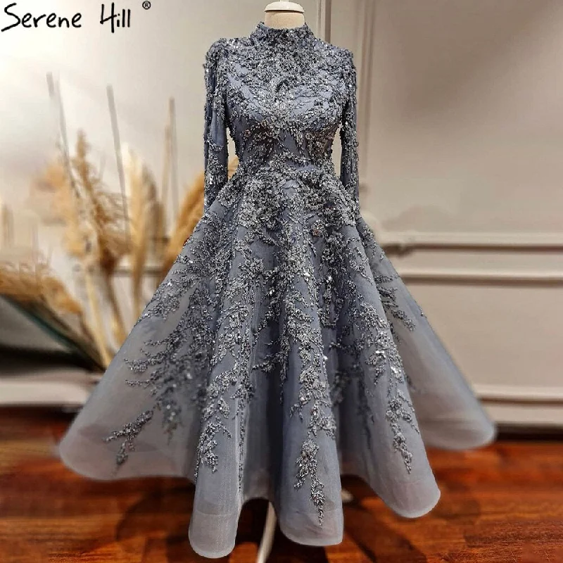 Evening dress with modern design-Serene Hill Grey Blue A-Line Evening Dresses Gowns 2024 Beaded Luxury Ankle Length For Women Party LA71098