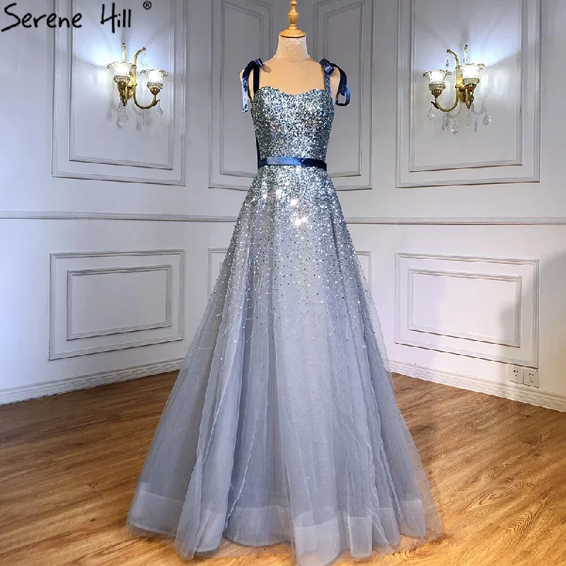 Evening dress with off-shoulder neckline-Serene Hill Grey Blue A-Line Luxury Evening Dresses Gowns 2024 Spaghetti Strap Beading Sexy For Women Party LA70888