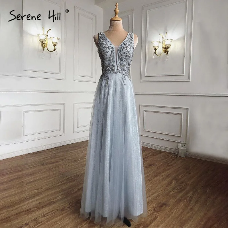 Evening dress with pleated skirt-Serene Hill Grey Blue A-Line Sexy Evening Dresses Gowns 2024 Beaded Sleeveless Simple For Women Party LA71257