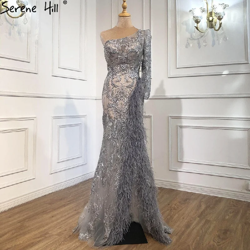 Evening dress with sheer panels-Serene Hill Grey High Split Mermaid Sexy Evening Dresses 2024 One Shoulder Beading Feathers Formal Dress Design LA70691