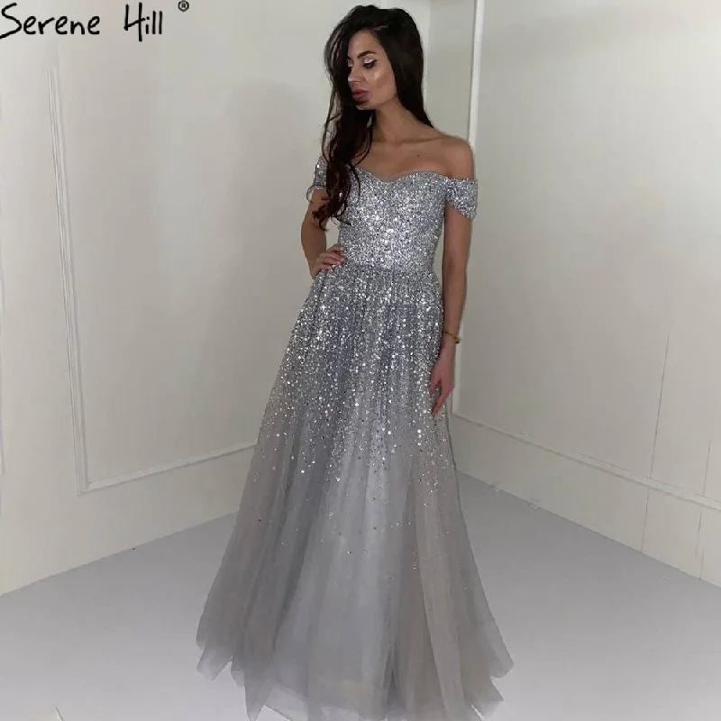 Evening dress with slit-Serene Hill Grey Luxury A-Line Evening Dresses Gowns 2024 Beaded Bling Sexy For Women Wedding Party LA70802