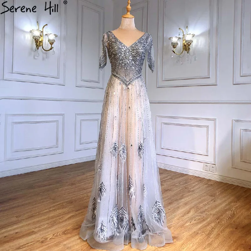 Evening dress with tulle-Serene Hill Grey Luxury A-Line Evening Dresses Gowns 2024 Short Sleeves Beaded Lace Up For Women Party LA71379