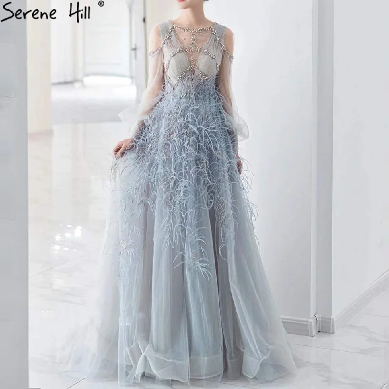 Evening dress with tiered layers-Serene Hill Grey Luxury A-Line Evening Dresses Gowns 2024 Long Sleeves Diamond Feather For Women Party LA71495