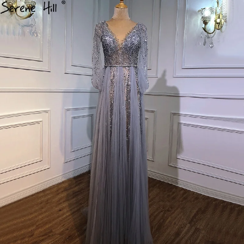 Evening dress with wrap design-Serene Hill Grey Luxury A-Line Sexy Evening Dresses Gowns 2024 Diamond Beading Elegant For Women Party LA70788