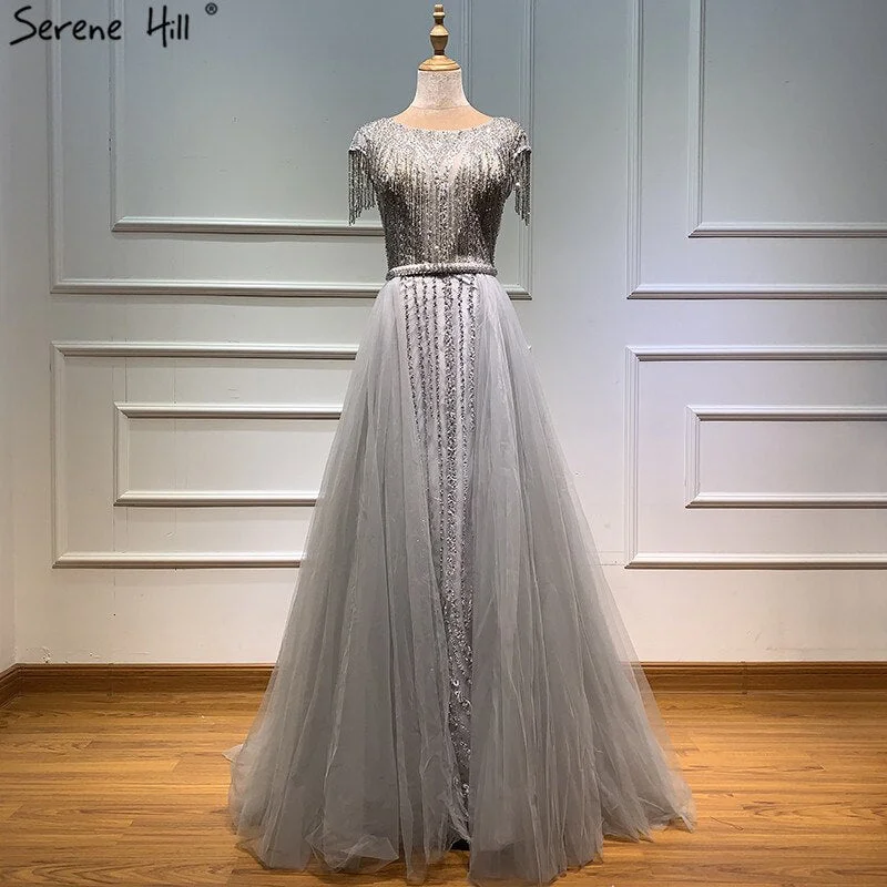 Navy evening dress-Serene Hill Grey Luxury With Train Evening Dresses Gowns 2024 Beading Tassel Cap Sleeve For Woman Party LA60874