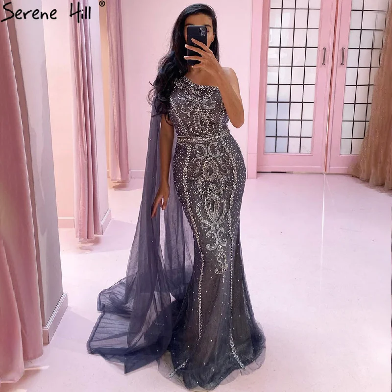 Silver evening dress-Serene Hill Grey Mermaid Elegant Cape Sleeves Evening Dresses Gowns One Shoulder Luxury Beaded 2024 For Women Party LA71270