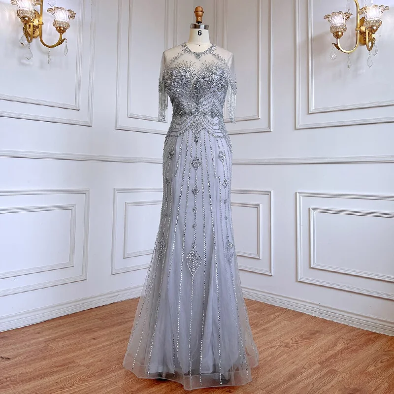 Evening dress with fitted bodice-Serene Hill Grey Mermaid O-Neck Short Sleeves Elegant Beaded Luxury Tassel Dubai Evening Dresses Gowns For Women Party 2024 LA70646