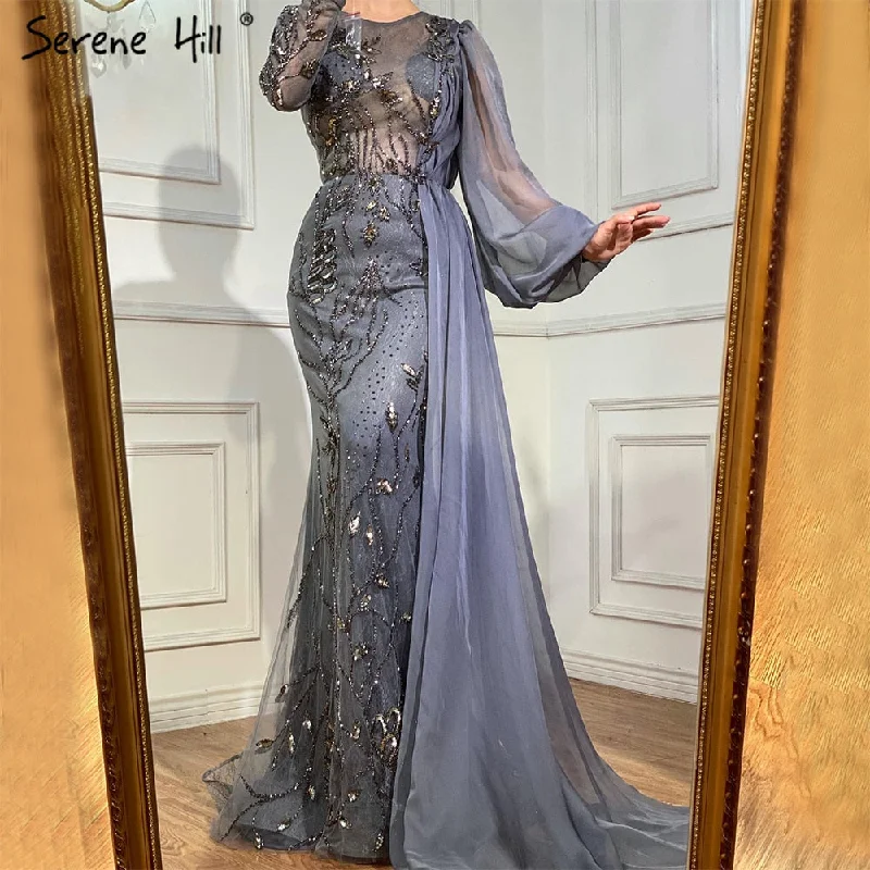 Evening dress with metallic thread-Serene Hill Grey With Overskirt Mermaid Evening Gowns Dresses Luxury Beaded Elegant  For Woman Party LA71066