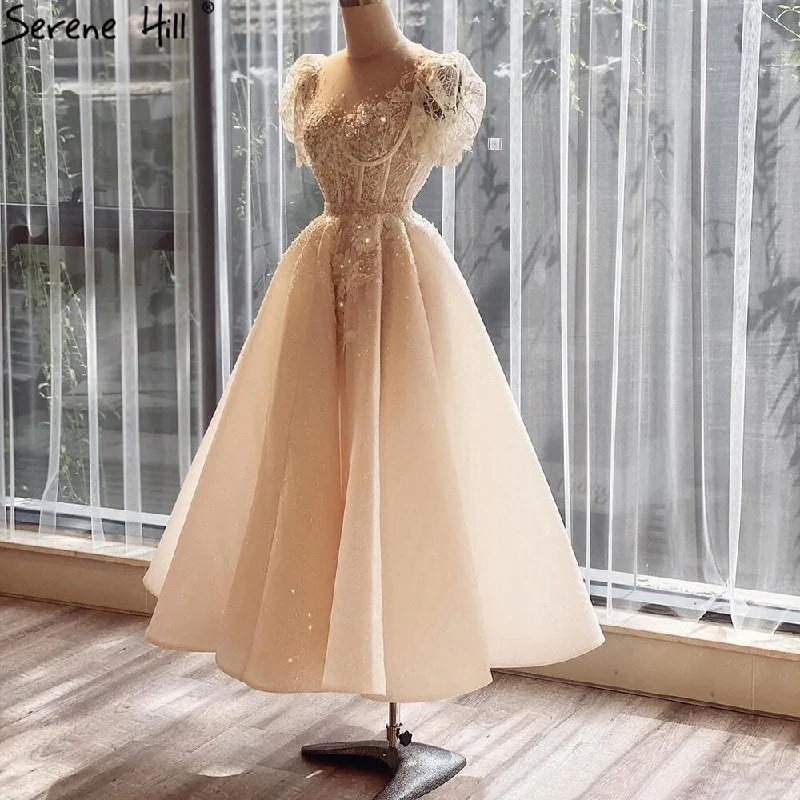 Evening dress with off-shoulder-Serene Hill Ivory Beading A-Line Evening Dresses Gowns 2024 Puffy Sleeves Ankle-Length For Women Party LA71045