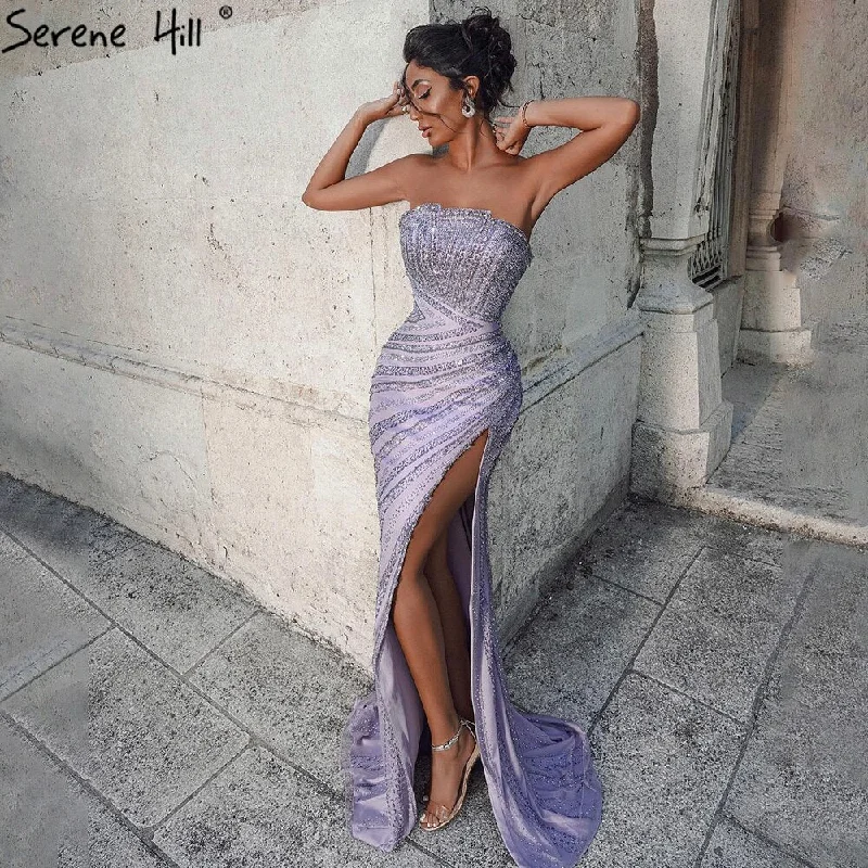 Evening dress with high neckline-Serene Hill Lilac High Split Meramid Evening Dresses Gowns 2024 Beaded Elegant Luxury For Women Party LA71272