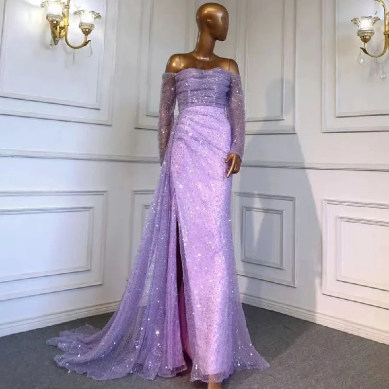 Evening dress with illusion sleeves-Serene Hill Lilac Mermaid Overskirt Evening Dresses Gowns 2024 Beaded Elegant Sexy For Women Party LA71630