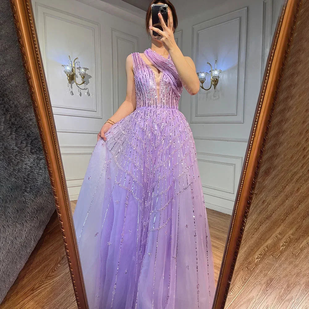 Two-piece evening dress-Serene Hill Luxury Beaded Dubai Lilac Evening Dresses for Women Wedding Party 2024 Elegant Long Arabic Prom Formal Gowns LA71778