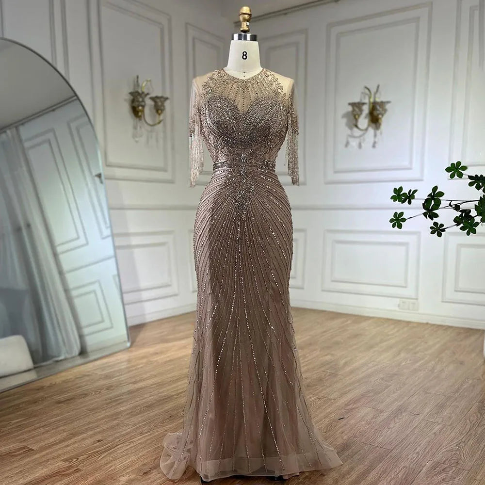 Evening dress with statement sleeves-Serene Hill Luxury Dubai Arabic Caramel Tassel  Mermaid Beaded Evening Dresses Gowns for Women's Wedding Party 2024 LA72463