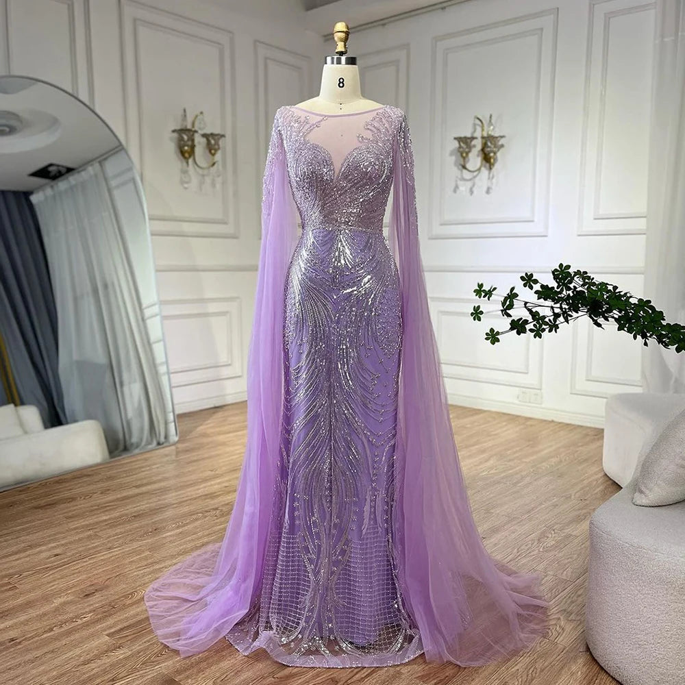 Gold evening dress-Serene Hill Luxury Dubai Arabic lilac Elegant Cape Sleeves Mermaid Beaded Evening Dresses Gowns For Woman Party 2024 LA72532