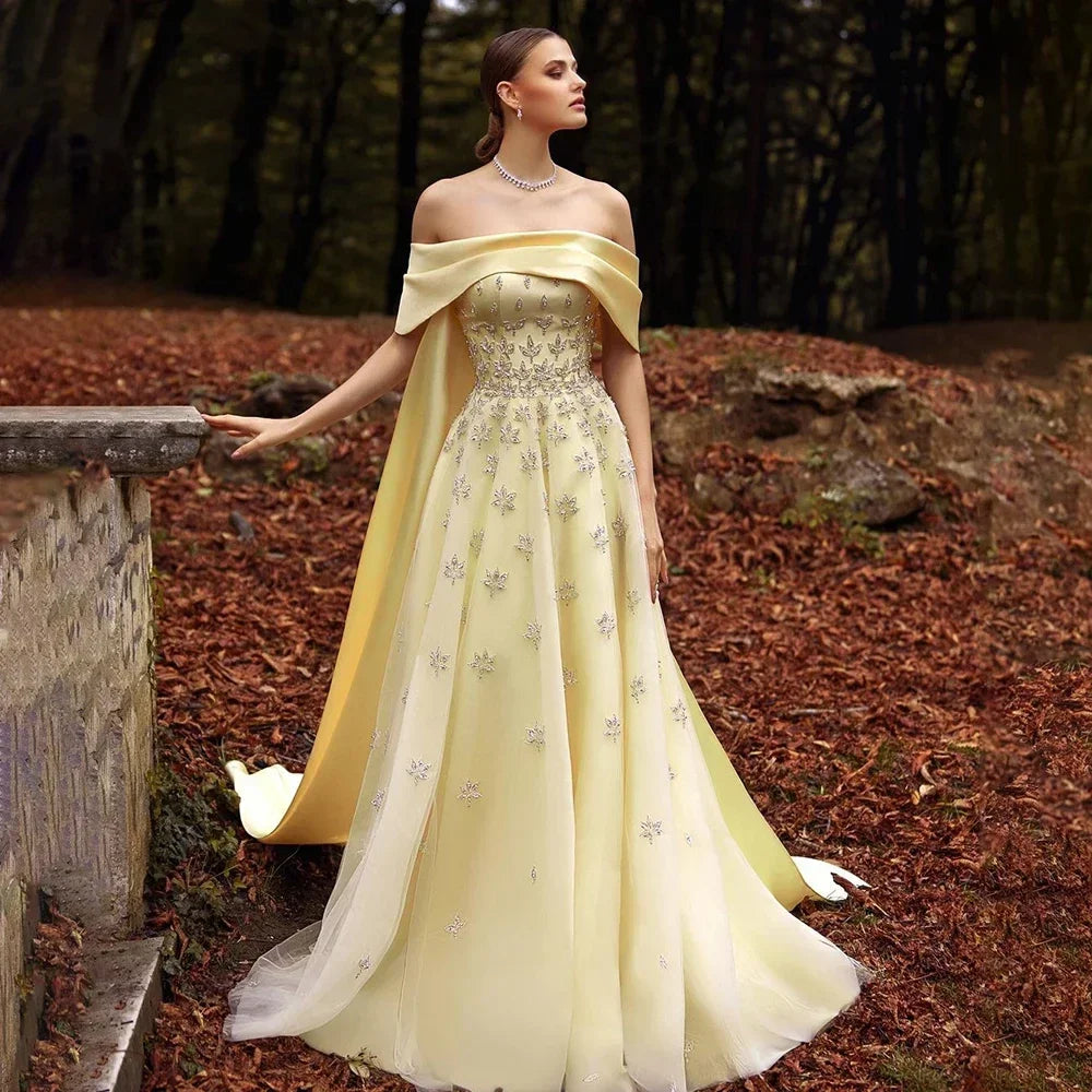 Evening dress with off-shoulder neckline-Serene Hill Luxury Dubai Arabic Yellow Elegant Boat Neck Long Evening Dress Beaded Party Gown for Women's Wedding LA72531