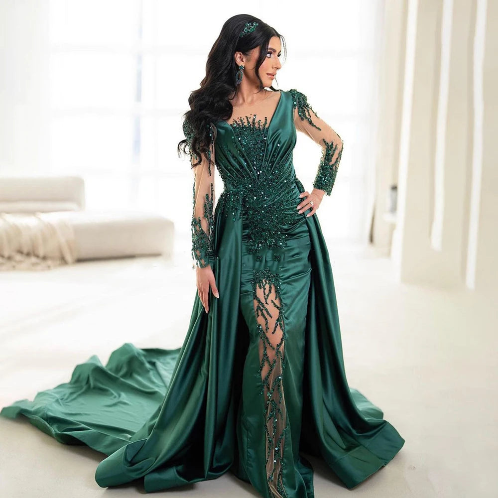 Evening dress for parties-Serene Hill Luxury Dubai Green Mermaid Lace Beaded Satin Evening Dresses Formal Gowns 2024 For Woman Wedding Party LA72202A