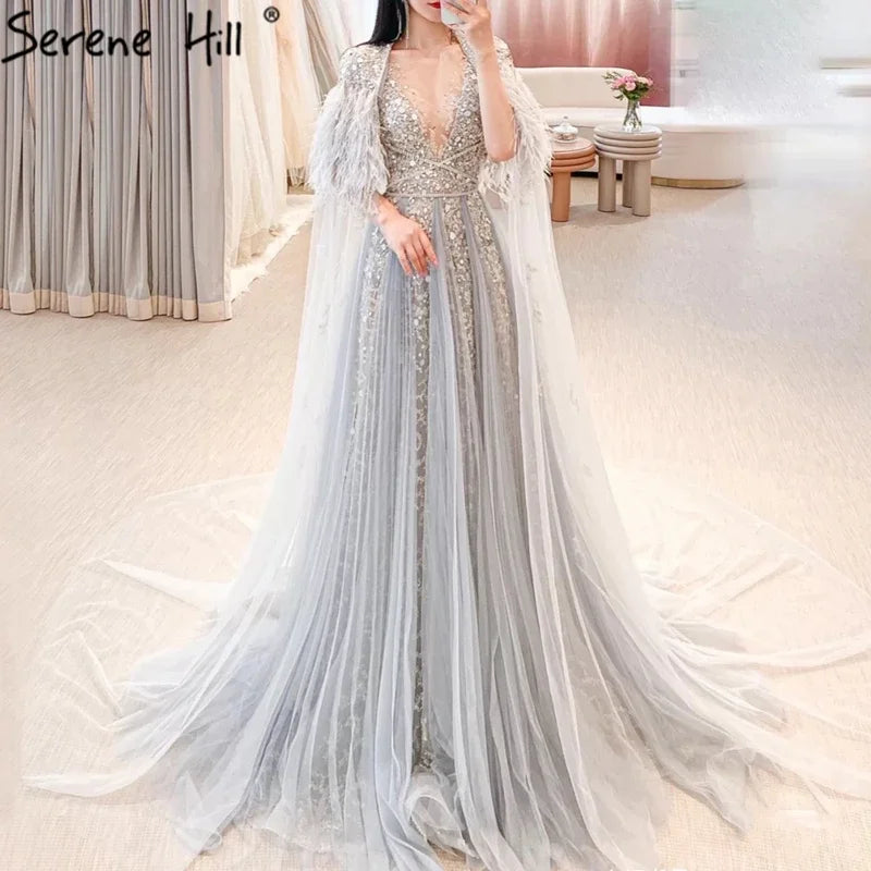 Evening dress with velvet-Serene Hill Luxury Dubai Grey Evening Formal Dresses with Feather Cape Shawl Gold Arabic Women Wedding Party Gowns Long LA70640