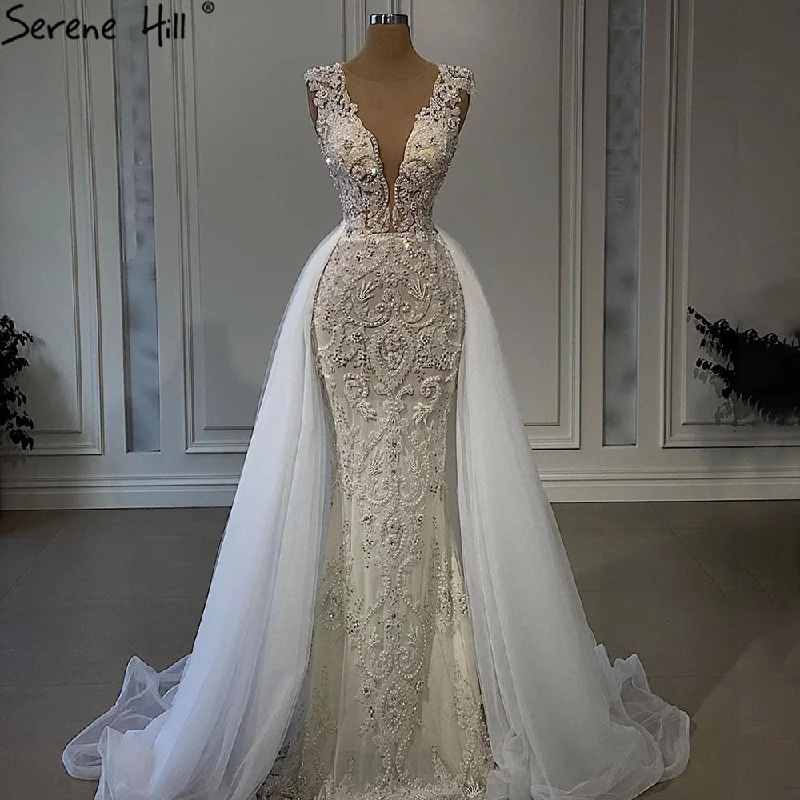 Evening dress with spaghetti straps-Serene Hill Luxury Ivory Mermaid Evening Dresses Gowns 2024 Beading Elegant With Train Formal Dress LA71109