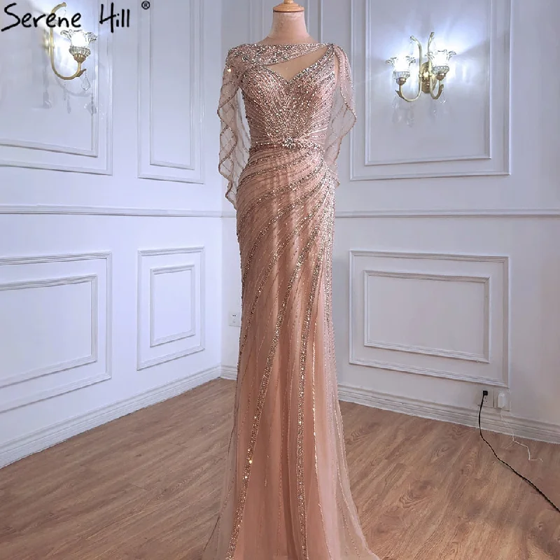 Evening dress with sequins-Serene Hill Luxury Mermaid Gold Evening Dresses Gowns 2024 Beading Diamond Sparkle Elegant For Women Party  LA70910