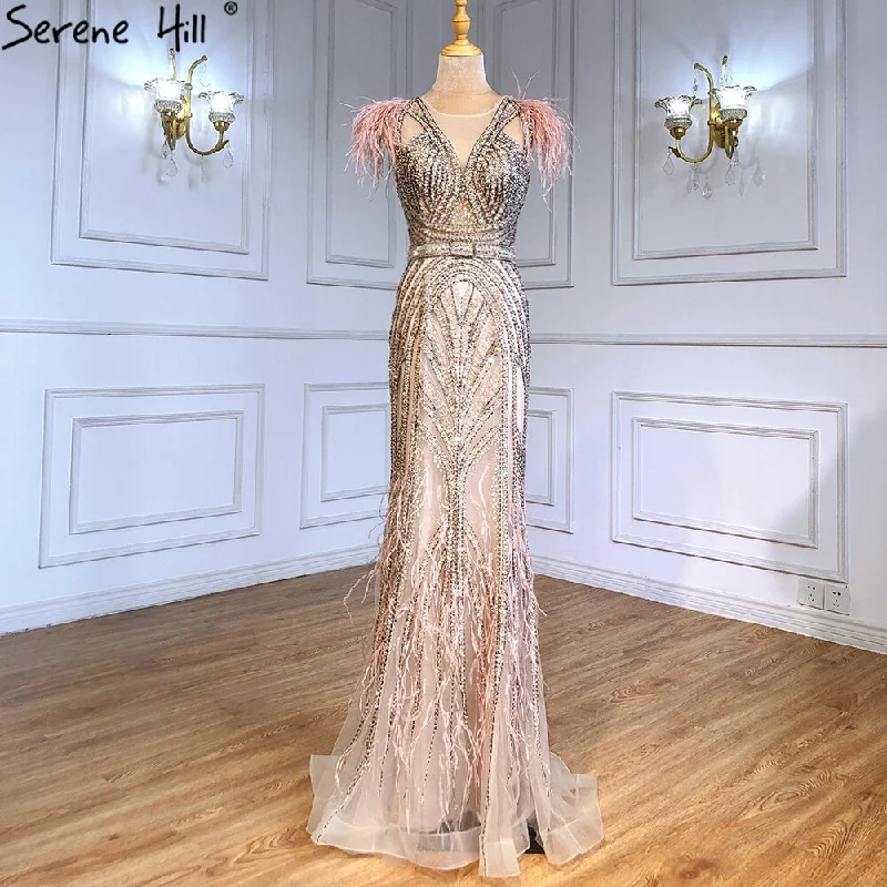 Evening dress with sweetheart neckline-Serene Hill Luxury Mermaid Nude Evening Dresses Gowns 2024 Feather Beaded Elegant For Women Party LA71340