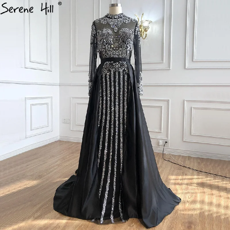 Evening dress with tulle overlay-Serene Hill Luxury Muslim Black With Overskirt Mermaid Long Elegant Evening Gowns Dresses  For Woman LA71011