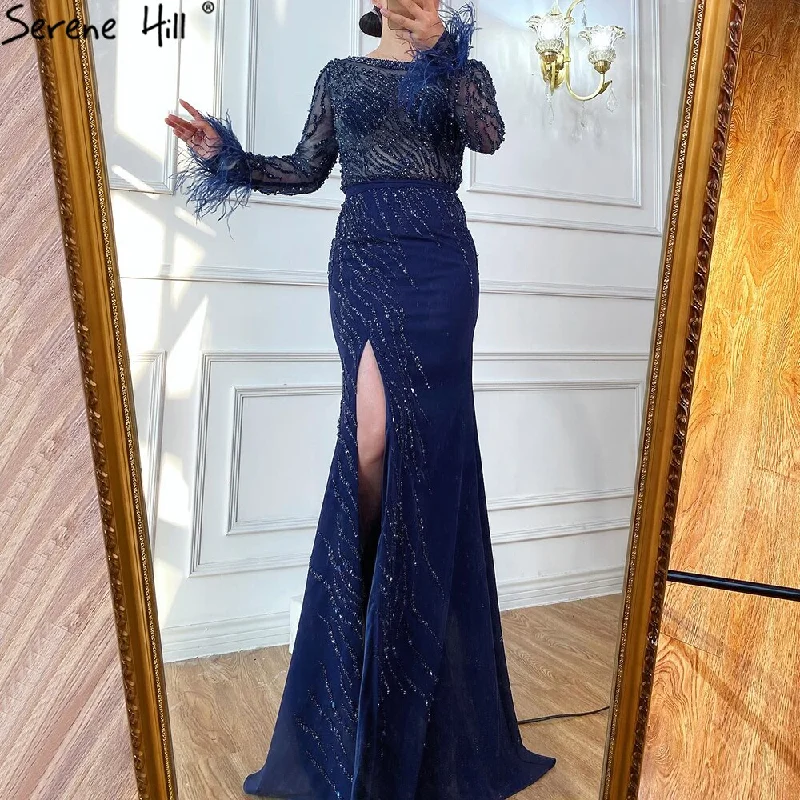 Evening dress with wrap design-Serene Hill Luxury Muslim Navy Blue Evening Dresses Gowns 2024 Elegant Meramaid Beading Feathers For Women Party  LA70978