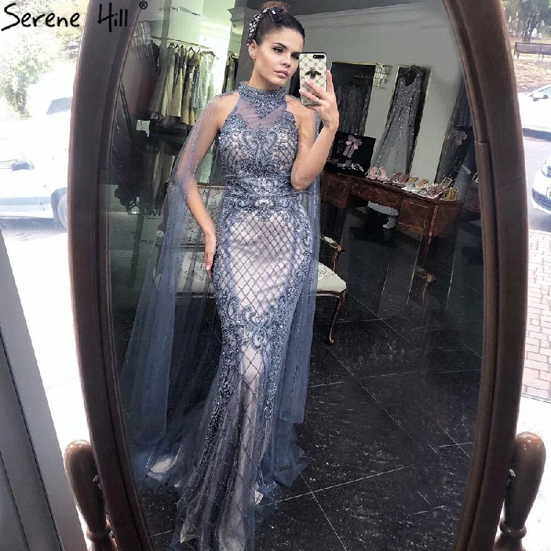 Green evening dress-Serene Hill Luxury Navy Blue With Train Evening Dresses Gowns 2024 Mermaid Beading Diamond Elegant For Women Party LA70807