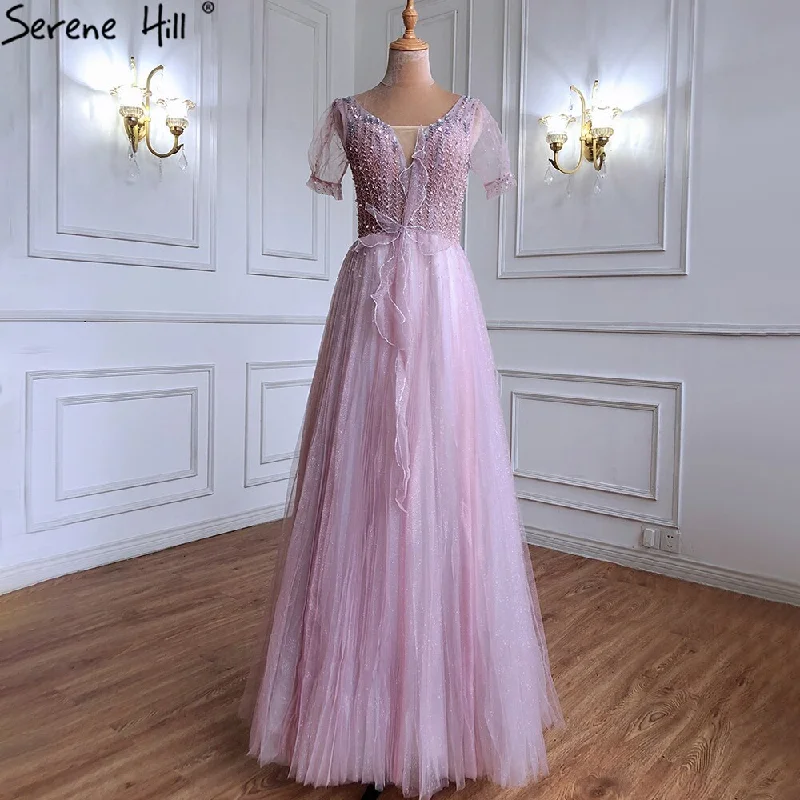 Long evening dress-Serene Hill Luxury Pink A-Line Evening Dresses Gowns 2024 Beaded Short Sleeves Lace Up For Women Party LA70840