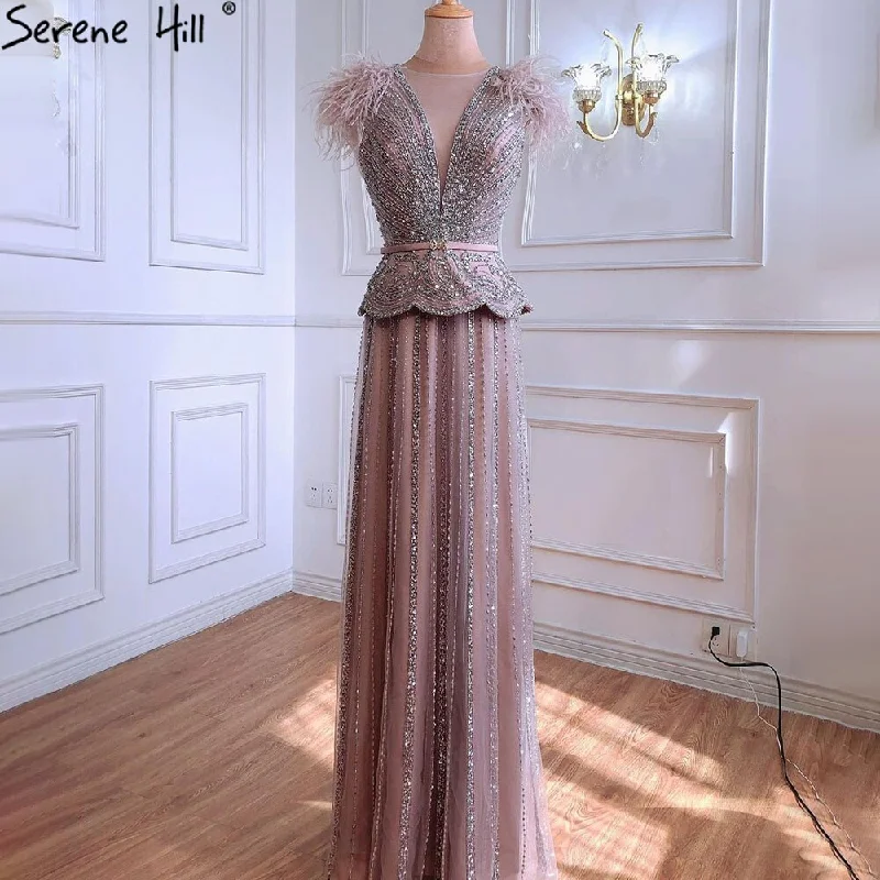 Plus size evening dress-Serene Hill Meat Pink Luxury Evening Dresses Gowns 2024 Beading Feathers A-Line For Women Party LA70929