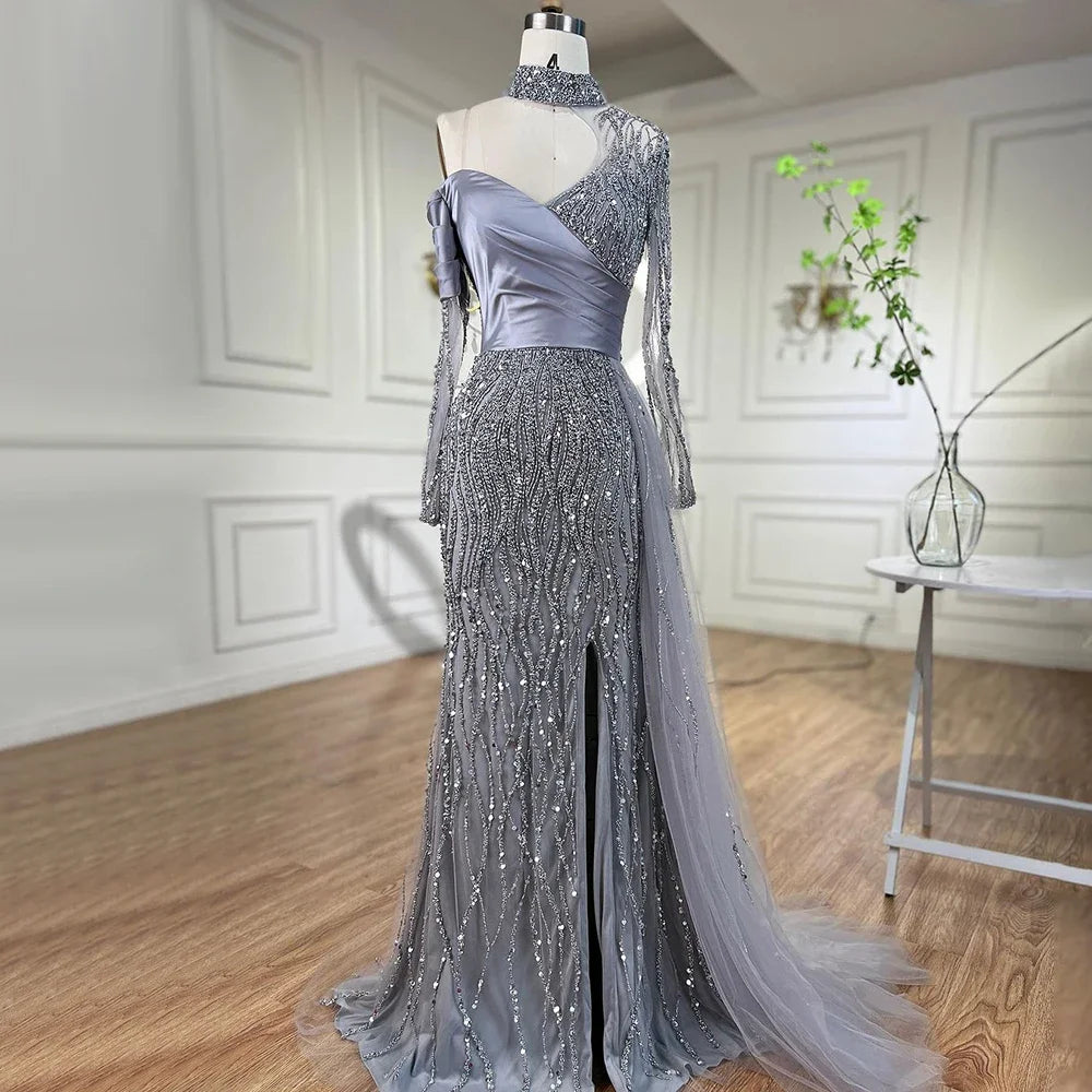 Evening dress with tulle overlay-Serene Hill Mermaid Elegant High Split Beaded Blue Evening Dresses For Women Wedding Party 2024 Arabic Prom Formal Gowns LA71856