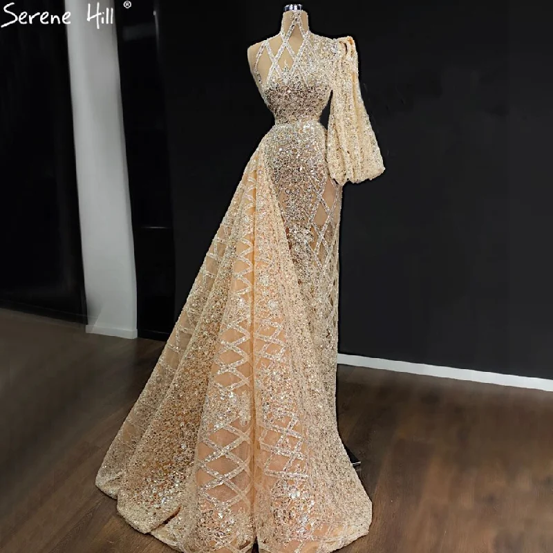 Bohemian evening dress-Serene Hill Mermaid Gold Luxury With Skirt Evening Dresses Gowns 2024 Beading Elegant One Shoulder For Women Party LA71094