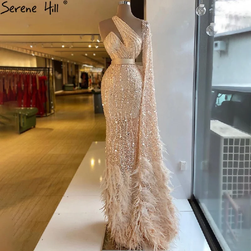 Evening dress with beaded bodice-Serene Hill Mermaid Gold One Shoulder Evening Dresses Gowns 2024 Luxury Feather Beading Elegant Sexy For Women Party LA71096