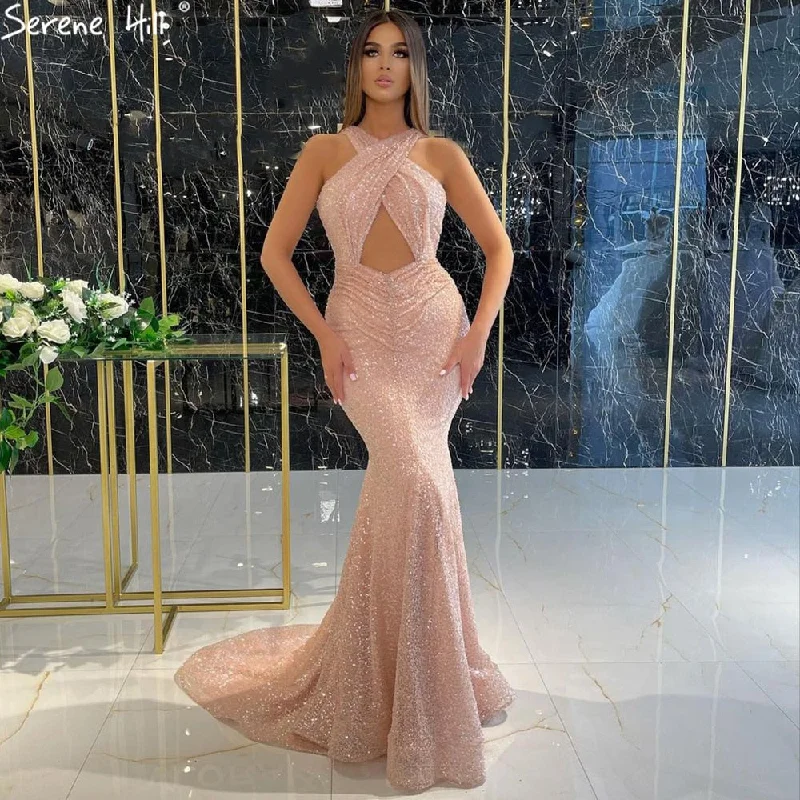 Evening dress for black tie-Serene Hill Mermaid Luxury Pink Evening Dresses Gowns 2024 Halter Elegant Sexy For Women Party LA71401