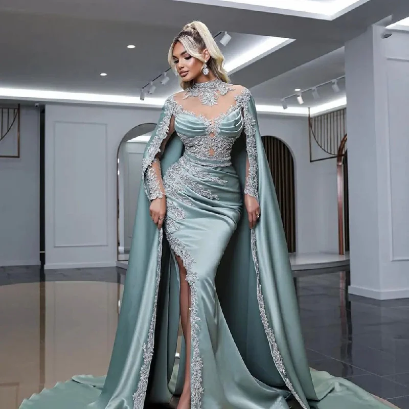 Evening dress with lace-Serene Hill Mint Mermaid Elegant High Collar Beaded Cape Sleeves Luxury Evening Dresses Gowns 2024 For Women Party LA71680