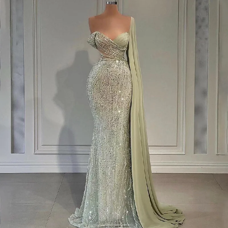 Sleeveless evening dress-Serene Hill Mint Mermaid Luxury Evening Dresses Gowns Elegant Beaded One Shoulder 2024 For Women Party LA71638