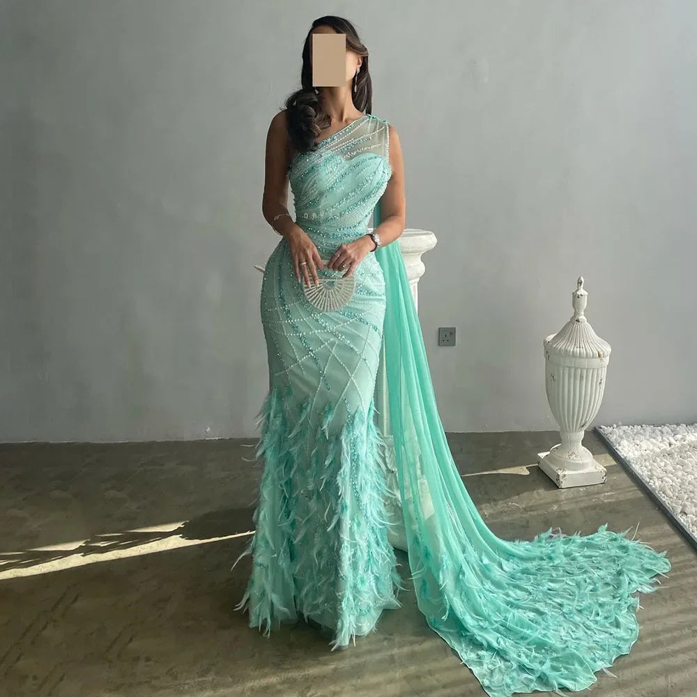 Evening dress with ruffles-Serene Hill Mint Mermaid One-Shoulder With Overskirt Beaded Feathers Evening Dress Gown for Women's Wedding Party LA72399