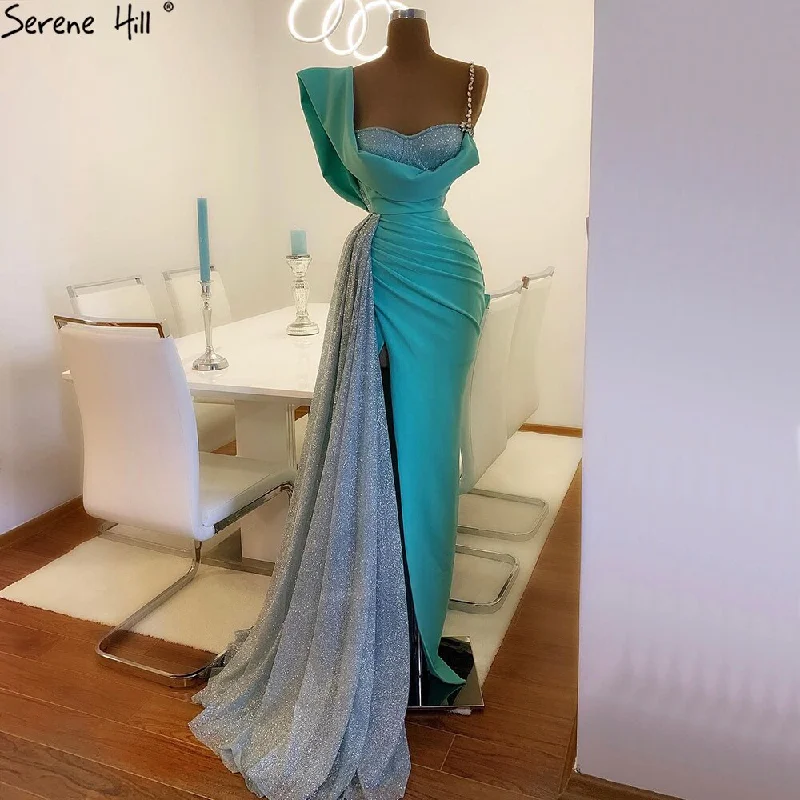 Evening dress for weddings-Serene Hill Mint Mermaid Split Evening Dresses Gowns 2024 Diamon One Shoulder Sexy For Women Party LA70875